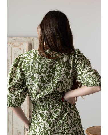 VESTIDO LONGO YERSE 42894127 DE ALGODÃO COM MANGAS ABUFAS, COR VERDE VERDE