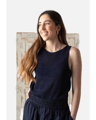 YERSE YERSE TOP DE ALGODÓN Y LINO CON BAJO ACANALADO - MODELO 42519055 AZUL