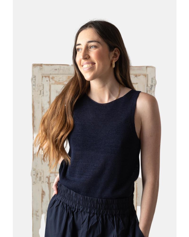 YERSE YERSE TOP DE ALGODÓN Y LINO CON BAJO ACANALADO - MODELO 42519055 AZUL