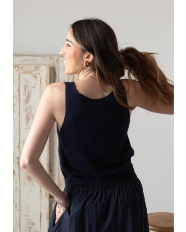 YERSE YERSE TOP DE ALGODÓN Y LINO CON BAJO ACANALADO - MODELO 42519055 AZUL