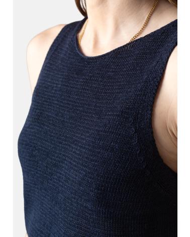 YERSE YERSE TOP DE ALGODÓN Y LINO CON BAJO ACANALADO - MODELO 42519055 AZUL