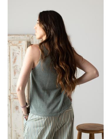 YERSE YERSE TOP DE ALGODÓN Y LINO CON BAJO ACANALADO - MODELO 42519018 VERDE