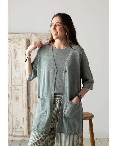 YERSE YERSE TOP DE ALGODÓN Y LINO CON BAJO ACANALADO - MODELO 42519018 VERDE