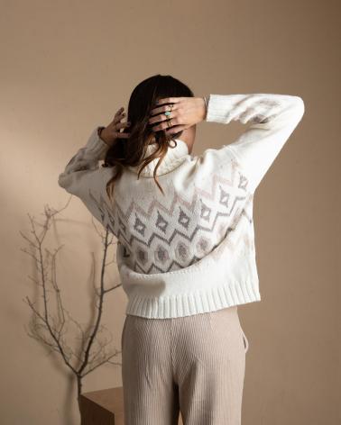 PULL JACQUARD À COL ROULÉ AVEC LAINE ET ALPAGA YERSE 41550302 ÉCRU CRUDO