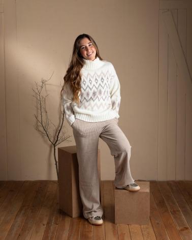 PULL JACQUARD À COL ROULÉ AVEC LAINE ET ALPAGA YERSE 41550302 ÉCRU CRUDO