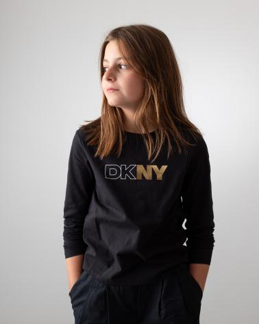 DKNY T-SHIRT MANICHE LUNGHE NERA IN COTONE PER RAGAZZA D6203709B NEGRO