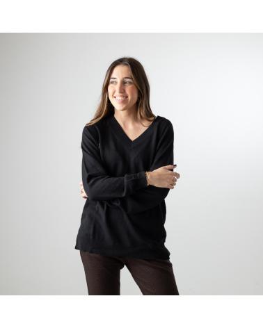 MAGLIONE NERO YERSE 41526037 CON SCOLLO A V IN COTONE BIOLOGICO NEGRO