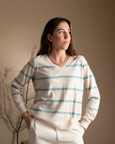 YERSE MAGLIONE A RIGHE SCOLLO A V 100% COTONE VERDE - MODELLO 41503219 VERDE