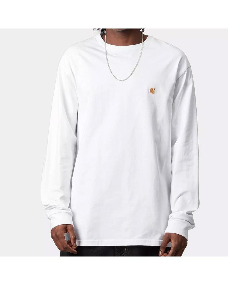 T-SHIRT MANICHE LUNGHE CARHARTT WIP CHASE BIANCA CON LOGO ORO