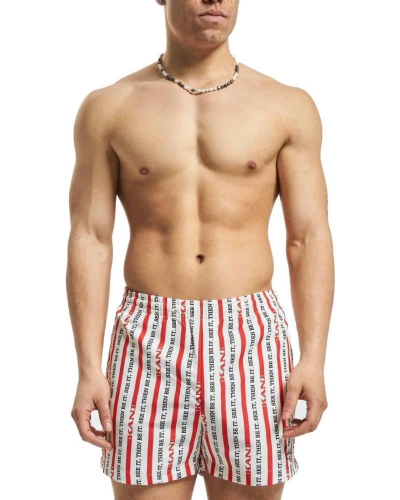 KARL KANI BANADOR SMALL SIGNATURE LOGO STRIPE BOARDSHORTS RED-OFF WHIT