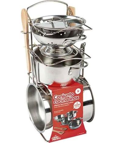 TOY PLANET SET CUCINA GIOCATTOLO PER BAMBINI IN ACCIAIO INOSSIDABILE | 13 PEZZI ARGENTATI PLATEADO