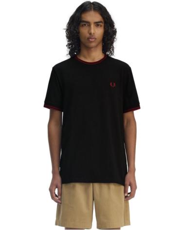 FRED PERRY T-SHIRT MIT GERIPPTEM KRAGEN, SCHWARZ UND ROT NEGRO