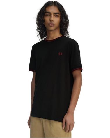 FRED PERRY T-SHIRT MIT GERIPPTEM KRAGEN, SCHWARZ UND ROT NEGRO