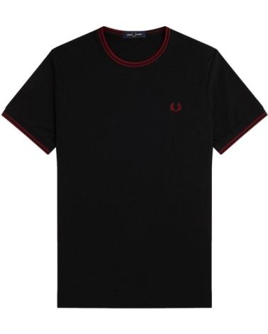 FRED PERRY T-SHIRT MIT GERIPPTEM KRAGEN, SCHWARZ UND ROT NEGRO