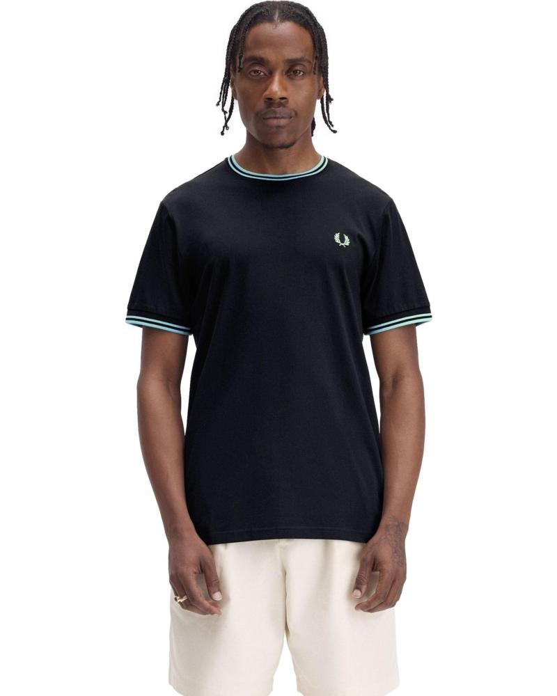 FRED PERRY RIBETED NECK T-SHIRT - SCHWARZ UND BLAU NEGRO