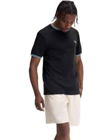 FRED PERRY RIBETED NECK T-SHIRT - SCHWARZ UND BLAU NEGRO