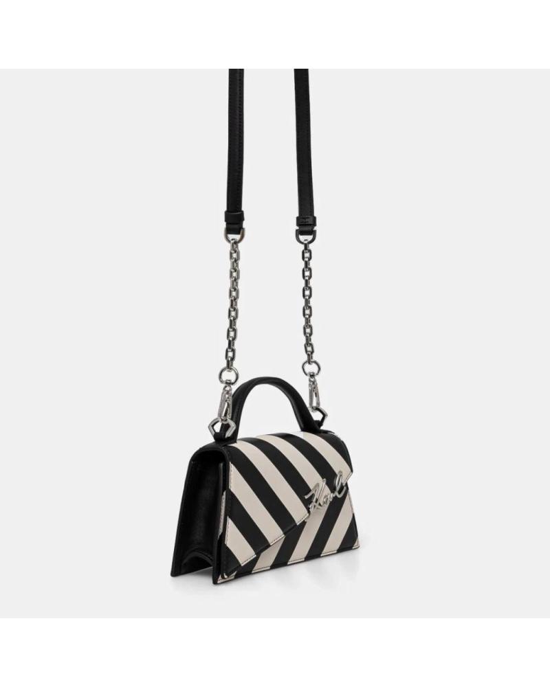 SAC BANDOULIÈRE KARL LAGERFELD SIGNATURE SP SLIM CROSSBODY RAYURES NOIR ET BLANC BLKWHT
