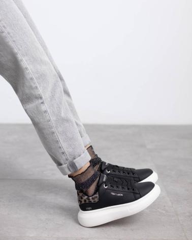 TEDDY SMITH 120210 BLACK SNEAKERS WITH ANIMAL PRINT DETAIL NEGRO