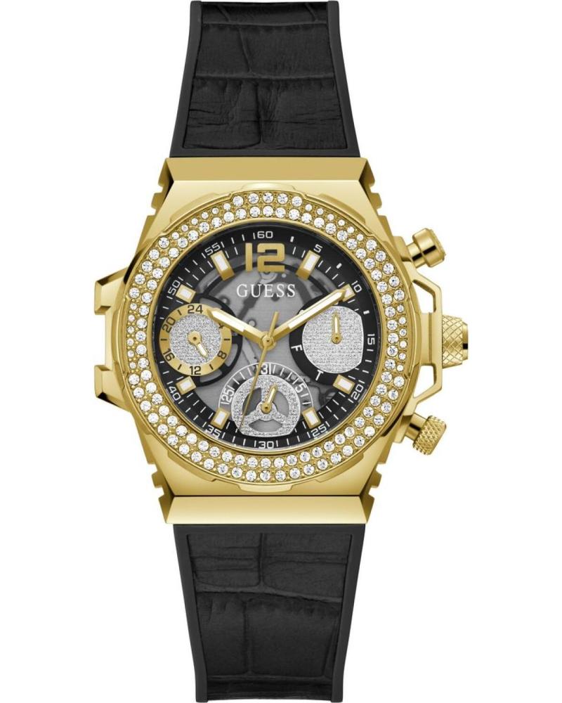 RELÓGIO GUESS GW0553L4 PRETO COM DETALHES DOURADOS E CRISTAIS NEGRO
