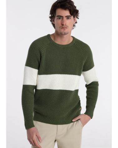 PULL BENDORFF EN MAILLE ÉPAISSE VERT COL ROND AVEC BANDE BLANCHE VERDE