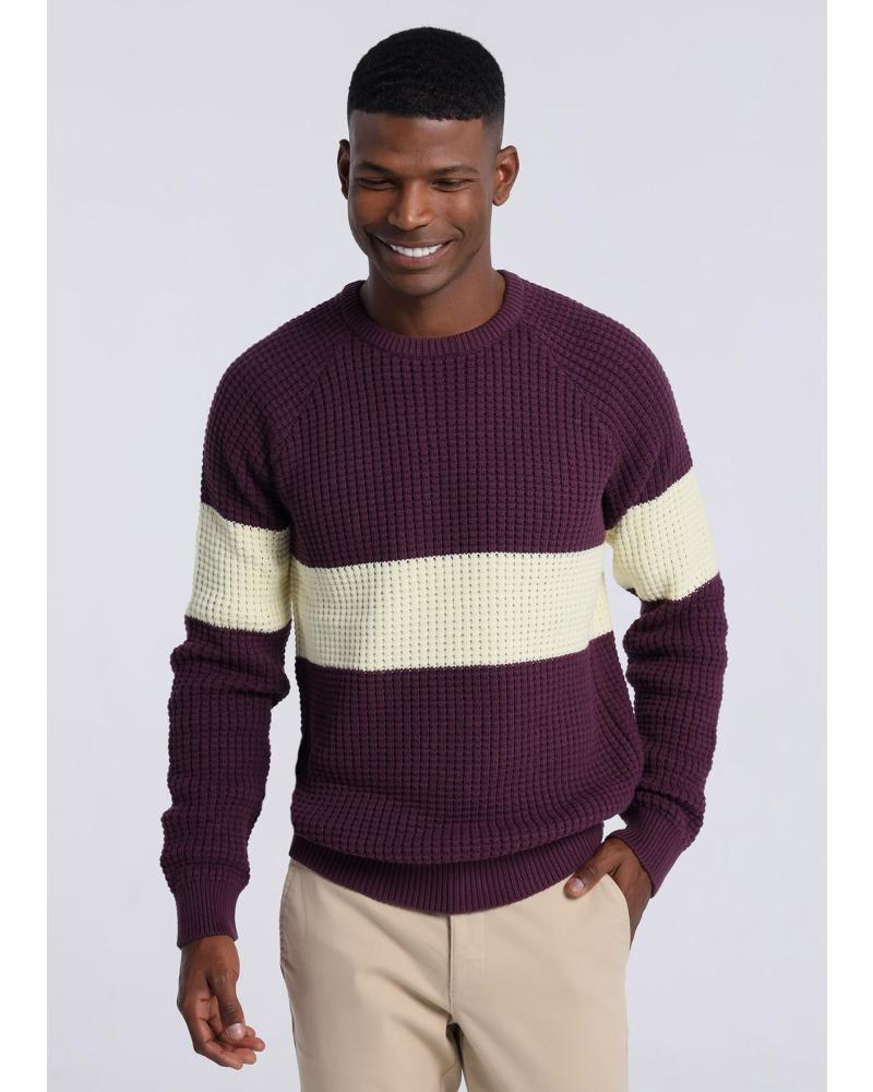 PULL BENDORFF COL ROND GRENAT AVEC BANDE CRÈME GRANATE