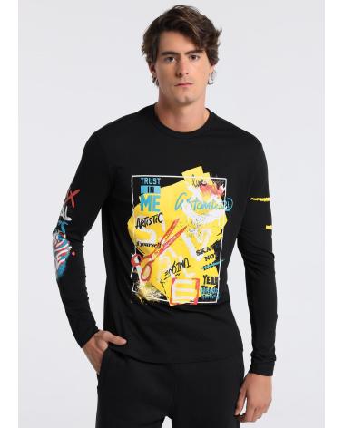 SIX VALVES T-SHIRT MANICHE LUNGHE NERA CON GRAFICA VIVACE NEGRO