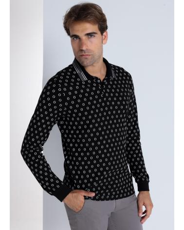 POLO BENDORFF A MANICHE LUNGHE CON MINI STAMPA E COLLO JACQUARD NERO NEGRO