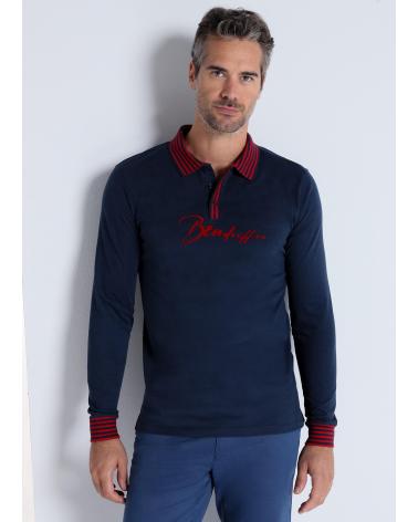 POLO BENDORFF A MANICHE LUNGHE BLU MARINO CON COLLETTO JACQUARD E POLSINI BORDEAUX AZUL