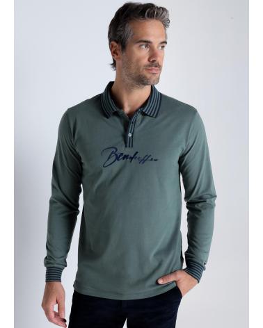POLO BENDORFF A MANICHE LUNGHE VERDE OLIVA CON COLLETTO JACQUARD 'ILLUSION OLI' VERDE