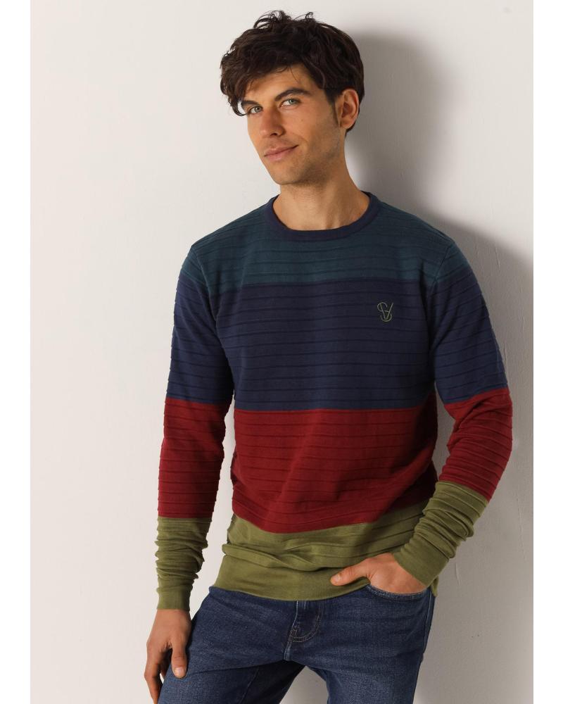SIX VALVES RAGLAN-PULLOVER MIT STREIFEN UND RUNDHALSAUSSCHNITT - BLAU AZUL