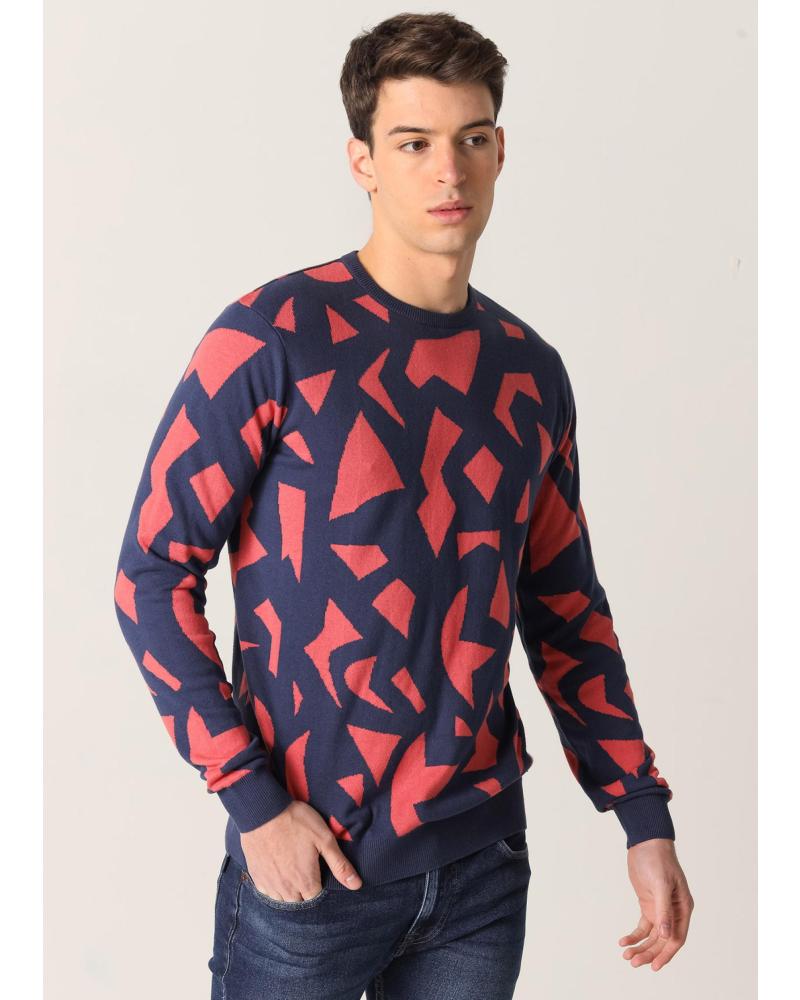 SIX VALVES JACQUARD-PULLOVER MIT ABSTRAKTEM MUSTER RUNDHALSAUSSCHNITT - BLAU AZUL