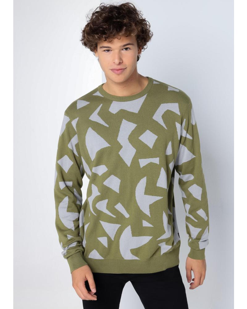SIX VALVES JACQUARD-PULLOVER MIT ABSTRAKTEM MUSTER RUNDHALSAUSSCHNITT GRÜN VERDE