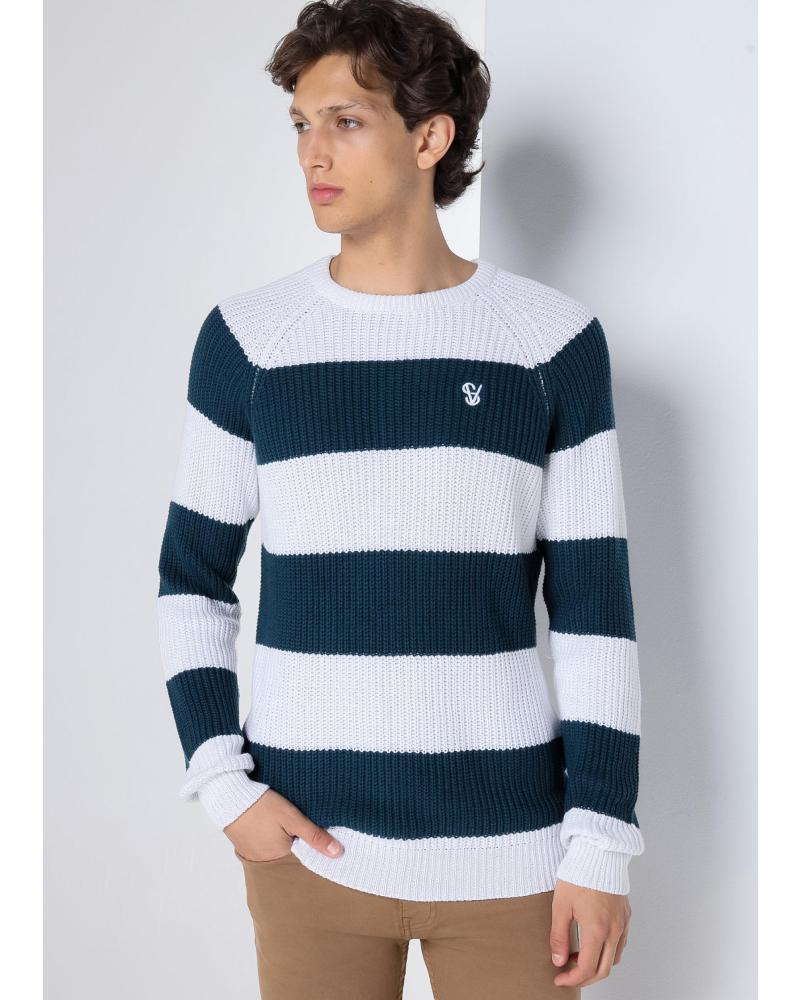 SIX VALVES PULLOVER STREIFEN CANALE RUNDHALS RAGLANÄRMEL BLAU AZUL