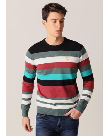 SIX VALVES GESTREIFTER PULLOVER HERREN MULTICOLOR - SCHWARZ, ROT, TÜRKIS NARANJA
