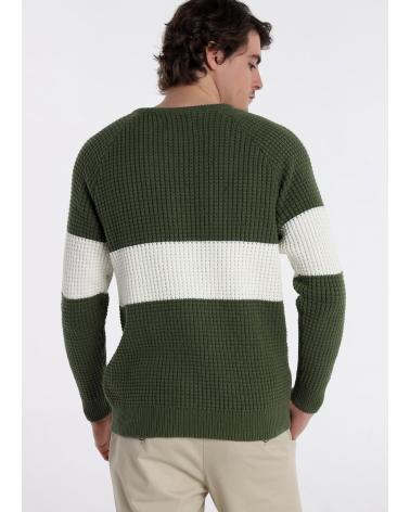 PULL BENDORFF EN MAILLE ÉPAISSE VERT COL ROND AVEC BANDE BLANCHE VERDE