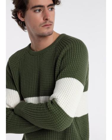 PULL BENDORFF EN MAILLE ÉPAISSE VERT COL ROND AVEC BANDE BLANCHE VERDE