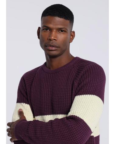 PULL BENDORFF COL ROND GRENAT AVEC BANDE CRÈME GRANATE