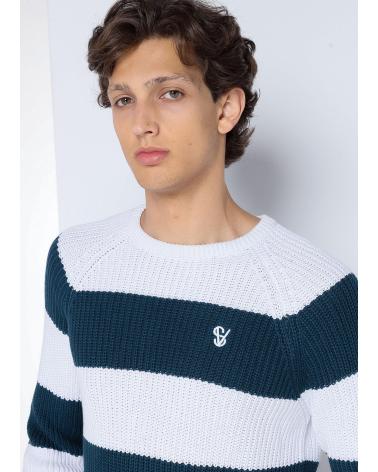 SIX VALVES PULLOVER STREIFEN CANALE RUNDHALS RAGLANÄRMEL BLAU AZUL