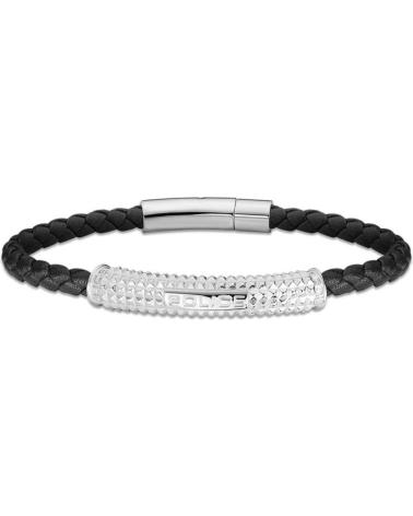 BRACELET POLICE PEAGB2214901 TRESSÉ CUIR NOIR PLAQUE ACIER