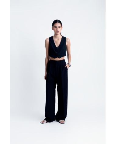 CALÇA PUNTOSALAO PREGAS CINTURA ALTA PRETA NEGRO