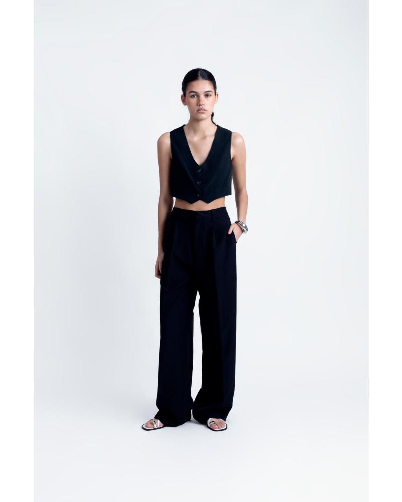 CALÇA PUNTOSALAO PREGAS CINTURA ALTA PRETA NEGRO