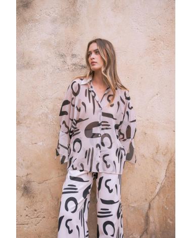 PANTALON PUNTOSALAO IMPRIMÉ GÉOMÉTRIQUE FLUIDE BEIGE BEIGE