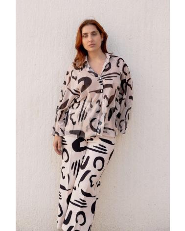PUNTOSALAO BLUSA ESTAMPADA DE GASA CON DISEÑO GEOMÉTRICO BEIGE BEIGE