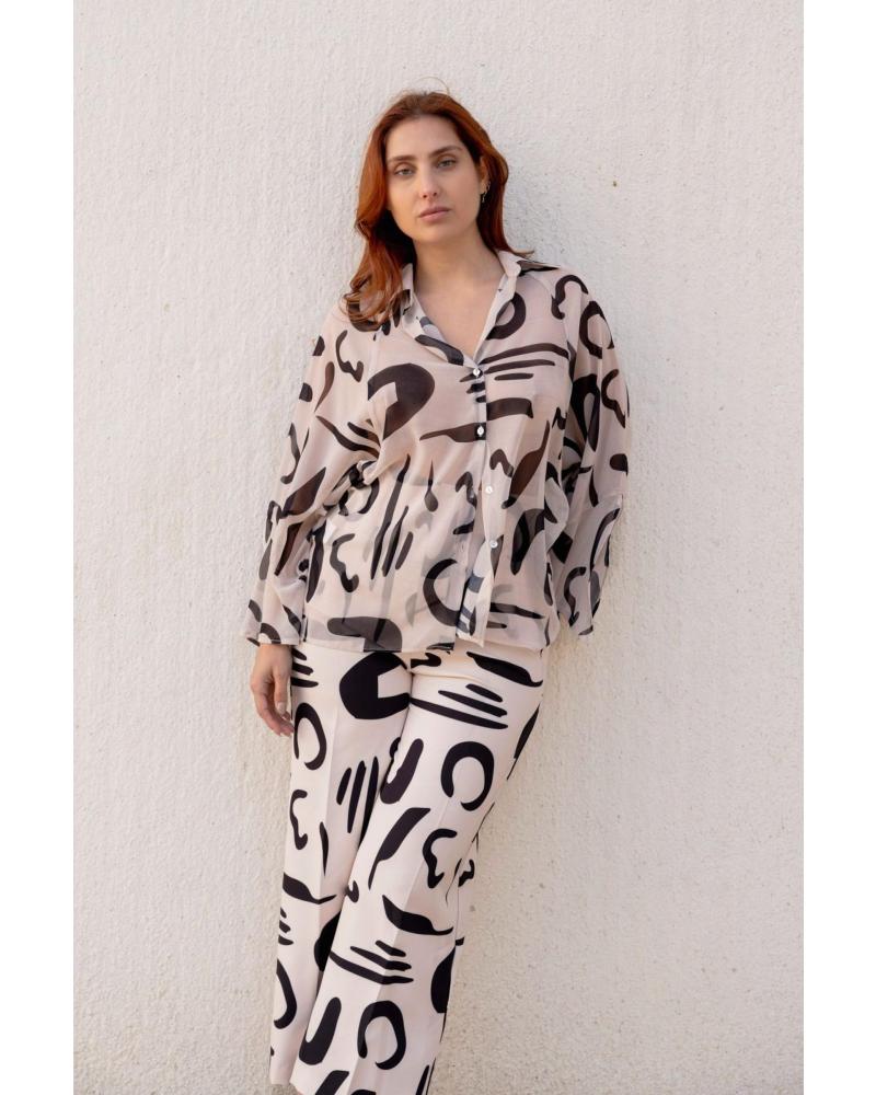 PUNTOSALAO BLUSA ESTAMPADA DE GASA CON DISEÑO GEOMÉTRICO BEIGE BEIGE