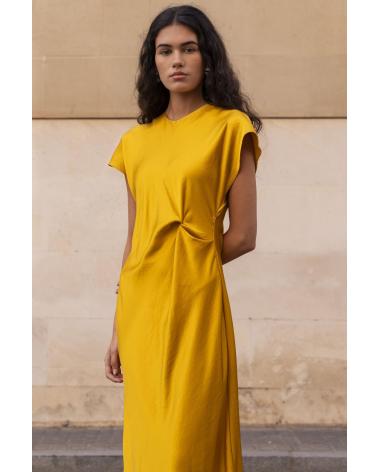 VESTIDO LONGO ACETINADO LARANJA COM DRAPEADO PUNTOSALAO NARANJA