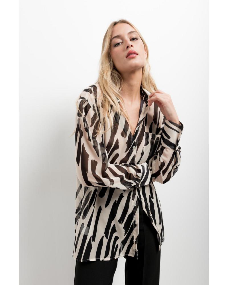 PUNTOSALAO CAMICIA IN GARZA STAMPATA EFFETTO ZEBRA MANICA LUNGA BLANCO