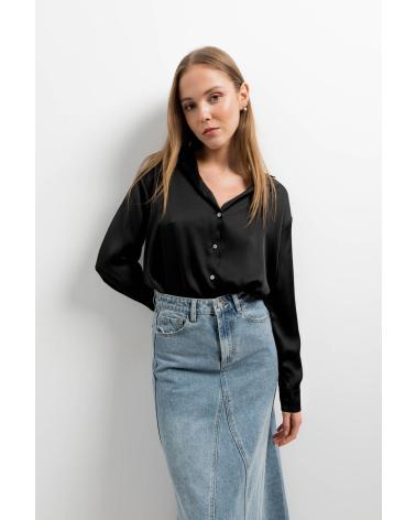 PUNTOSALAO CAMICIA SATINATA NERA A MANICHE LUNGHE NEGRO