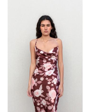 VESTIDO LONGO PUNTOSALAO ACETINADO COM ESTAMPA FLORAL, FENDA LATERAL (TURQUESA) TURQUESA