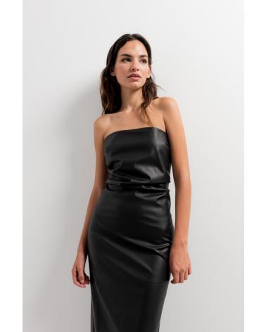 PUNTOSALAO VESTIDO MIDI EFEITO COURO PRETO SEM ALÇAS NEGRO
