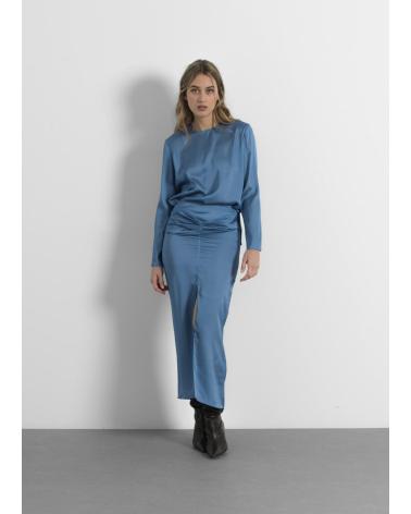 PUNTOSALAO CAMISA SATINADA DE MANGA LARGA Y CUELLO REDONDO, AZUL AZUL